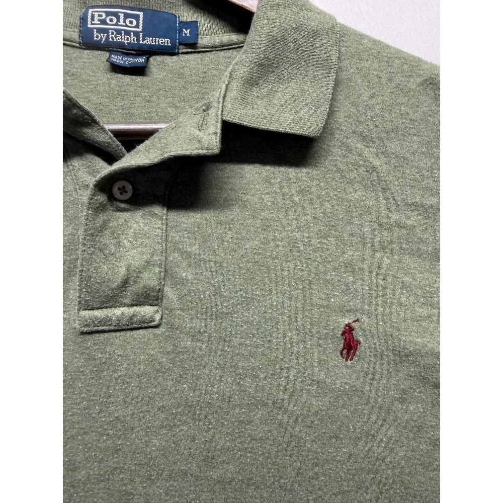 Polo Ralph Lauren Polo Shirt Men Medium Olive Green Cotton Hi‎ Low Hem Side Slit
